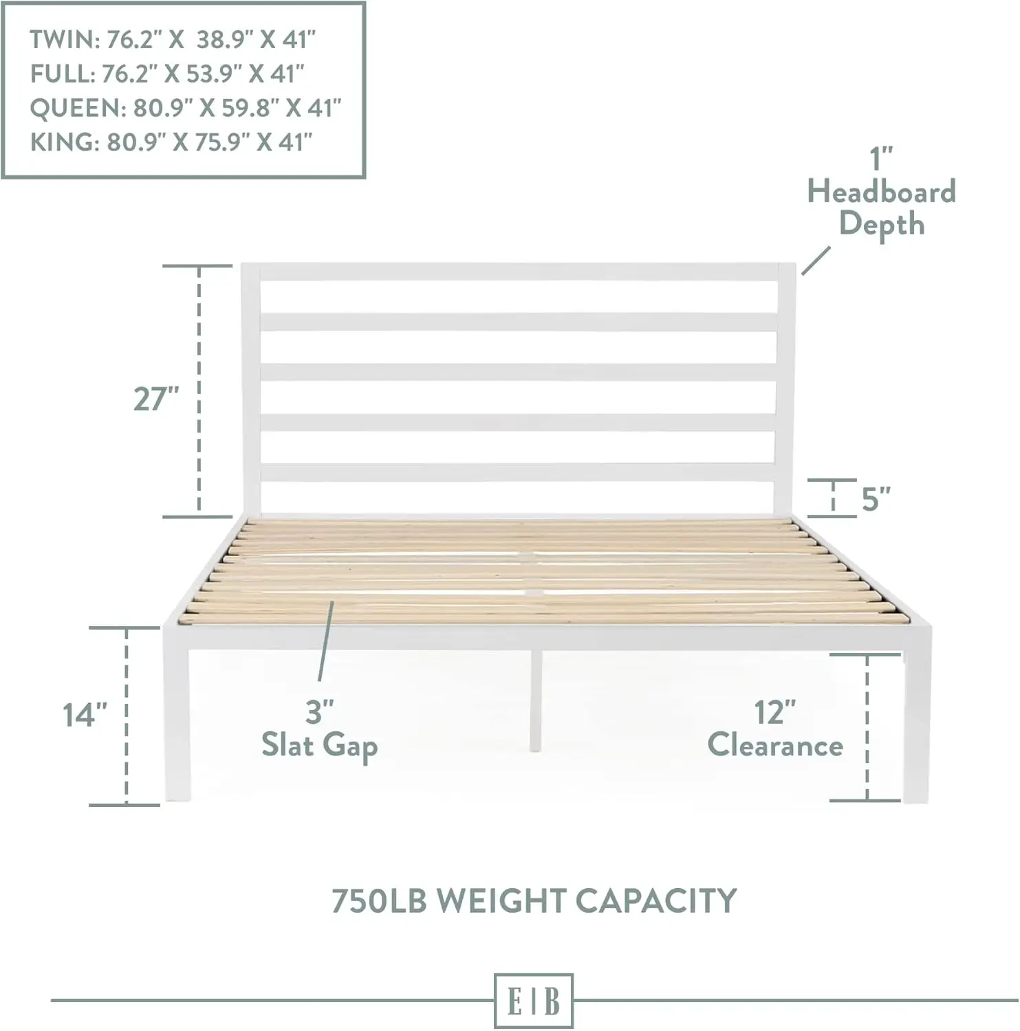 Cassidy Metal Platform Bed Frame with Metal Headboard - Box Spring Not Required - Wood Slat Support, White, Queen