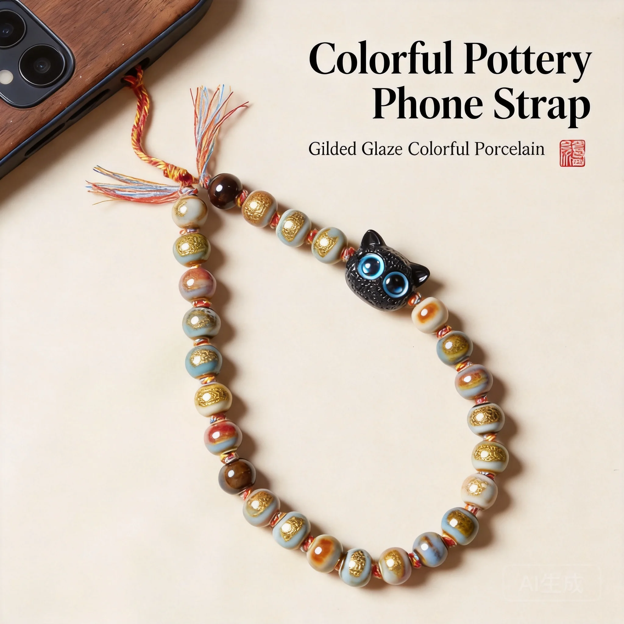 Chinese Style Lucky Colorful Ceramic Black Cat Phone Lanyard Dopamine Beaded Pendant Auspicious Wealth Blessing Ccd Camera Hangi