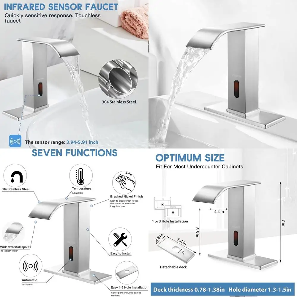 

Sensor-Activated Brushed Nickel Touchless Bathroom Sink Mixer Faucet with Temperature Control