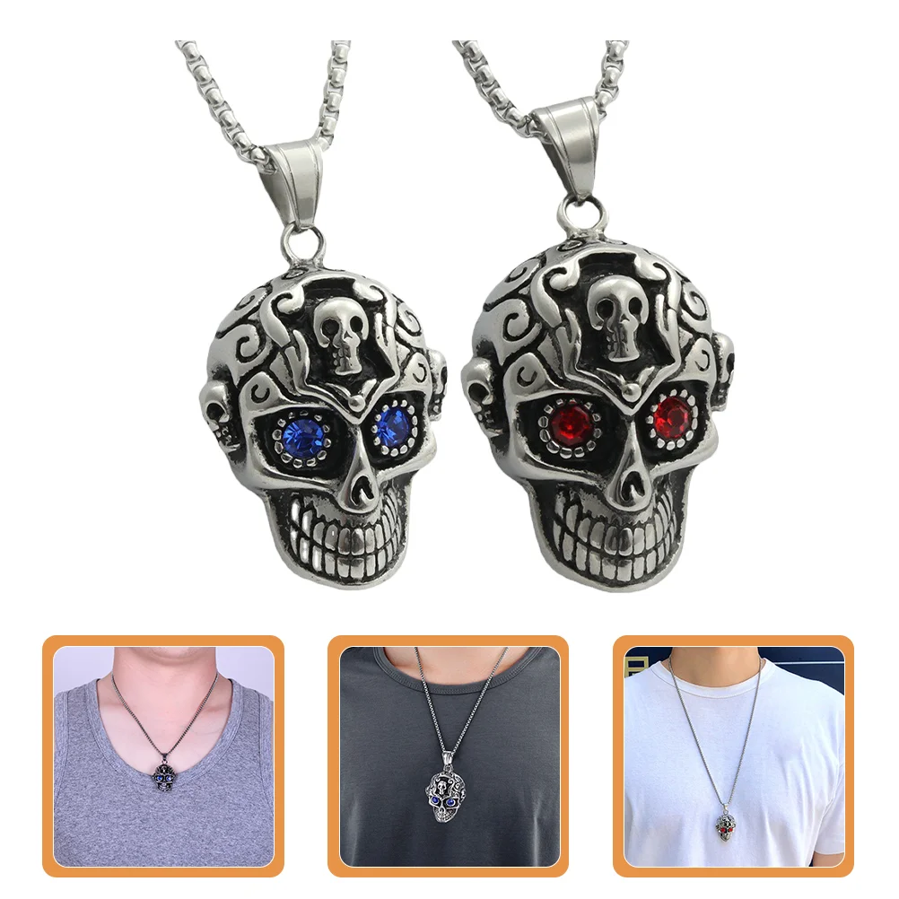 

2 Pcs Skull Necklace Stainless Steel Zinc Alloy Gothic Jewelry Cool Necklaces Pendant for Men Women Halloween Cosplay Theme
