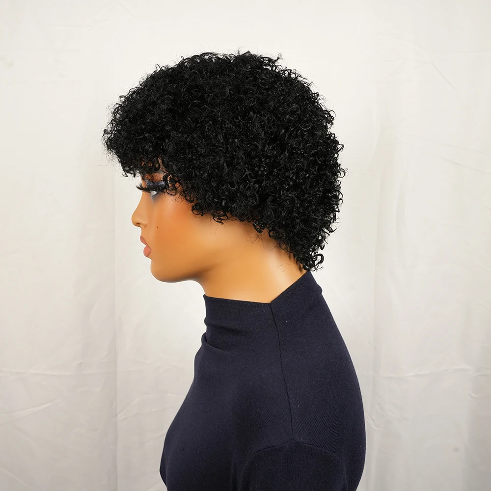Peruka Afro Kinky Curly, afrykańska kręcona peruka wykonana w całości maszynowo z grzywką, krótka, sprężysta peruka bob z grzywką.