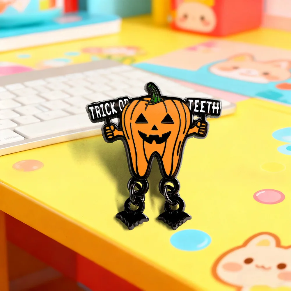 Creative Spooky Enamel Pin Tooth Pumpkin Brooch Trick or Teeth Quote Badge Bat Charm Pendant Lapel Pin Unique Decor Jewelry