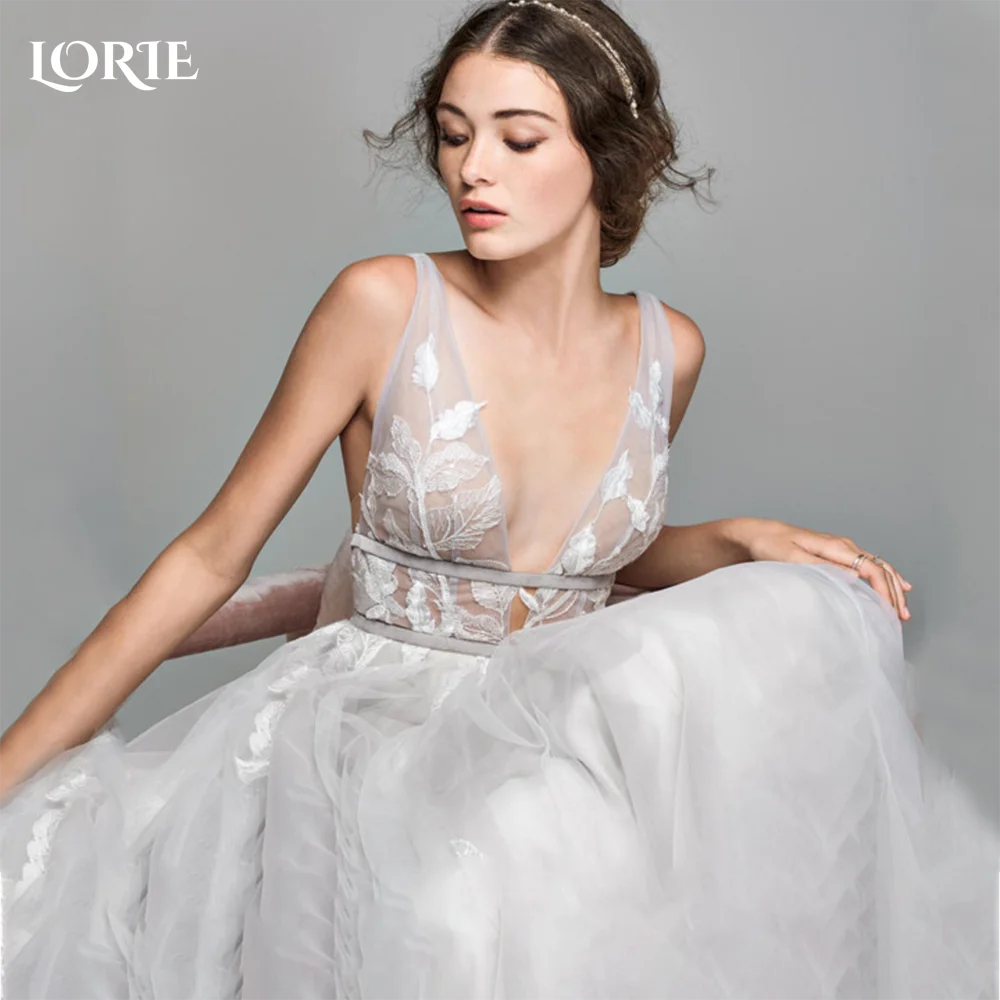 Lore Lace Illusion abiti da sposa a-line Tulle Boho abito da sposa 2024 lunghezza del pavimento Sexy Backless V Neck corsetto vestidos de novia