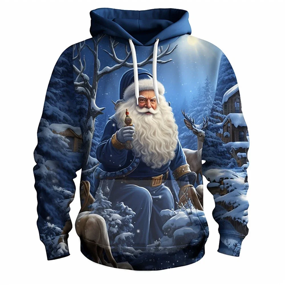 Boutique Men's Santa Claus and Elk Print Hoodie Men's Autumn and Winter Warm Hoodie Men's Fashion Top Men's Street Casual Wear