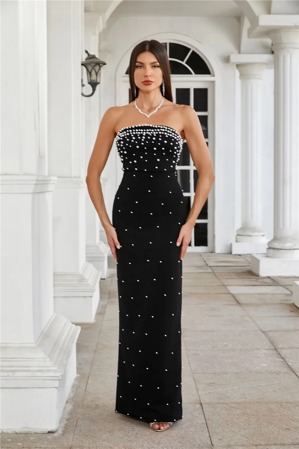 Women Luxury Party Dress Elegant Black Peal Embroidery Maxi Long One Piece Celebrity Evening Gowns Korean Fashion Gala Dress