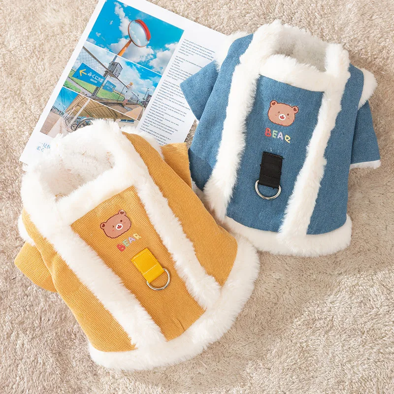 Winter Dog Clothes Cute Bear Traction Cotton Coat Teddy Warm Cotton Coat Puppy Cartoon Open Button Shirt Pet Thickened Clothes