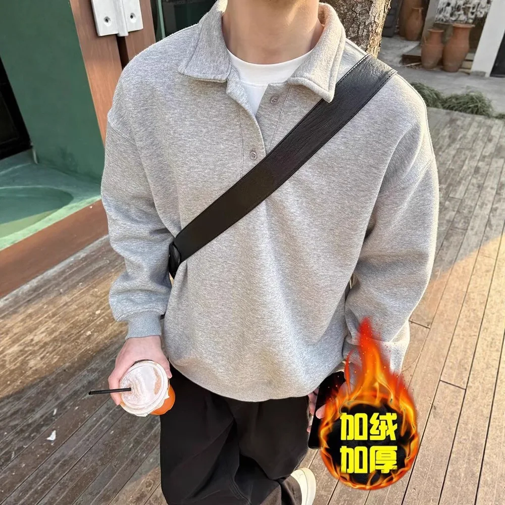 Lapel gray sweatshirt men's autumn new loose and versatile casual stand-up collar pullover top simple long-sleeved men