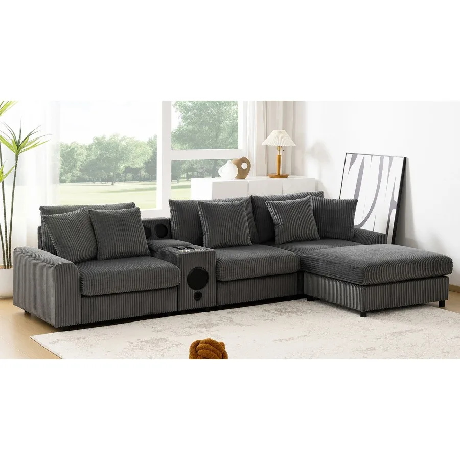 

[New+Video]11464'' Corduroy Sectional Sofa with Bluetooth Speakers L Shaped Couch with Console USB Charger Cup Holders Storage