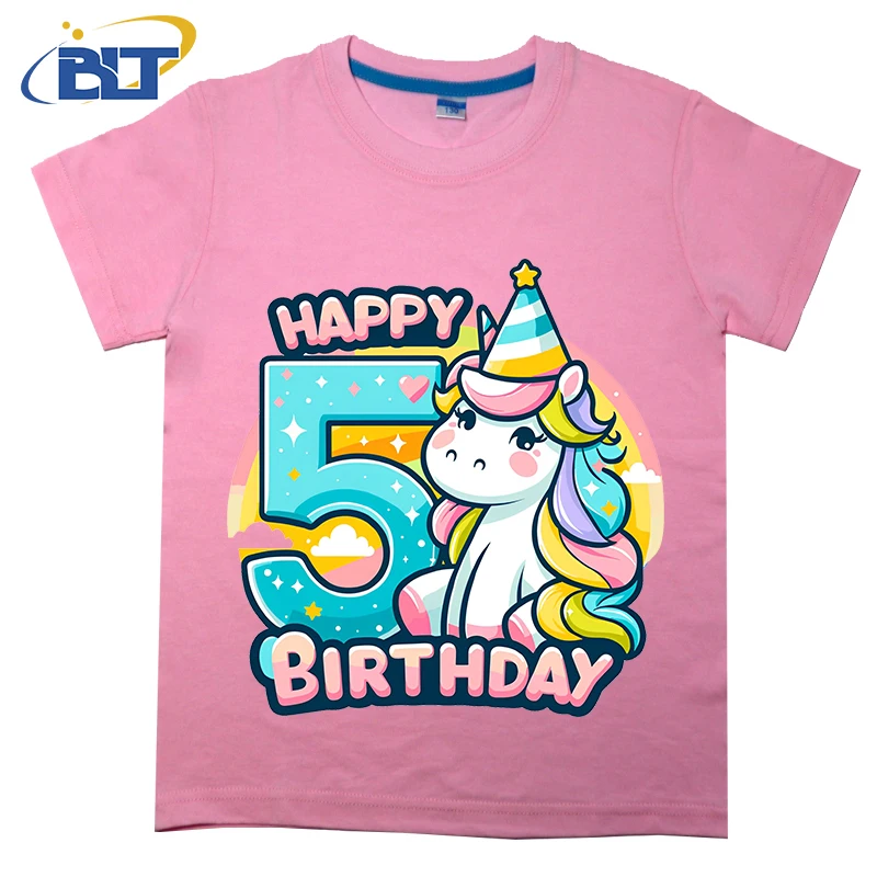 

Magical Unicorn Happy 5th Birthday Party Printed Kids T-shirt Summer Cotton Short Sleeve Casual Tops for Boys and Girls