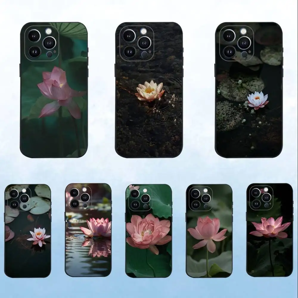 

lotus flower Aesthetic Phone Case For iPhone 16,15,14,13,12,11 Plus,Pro Max,XS,X,XR,SE,Mini,8,7,Soft Silicone Black Cover