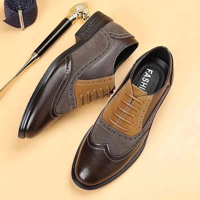 Men's British Style Brogue Dress Shoes Wingtip Leather Oxfords Contrast Color Business Casual Formal Footwear Splicing