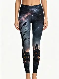 Women Mid‑Rise Fleece Lined Leggings, Halloween Starry Sky Haunted House Crow Dead Tree Print Slim Stretch Pants