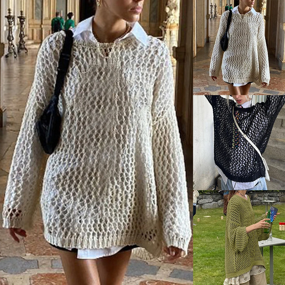 Women Crochet Sweater Streetwear Loose Top Fishnet Oversized Cover Up