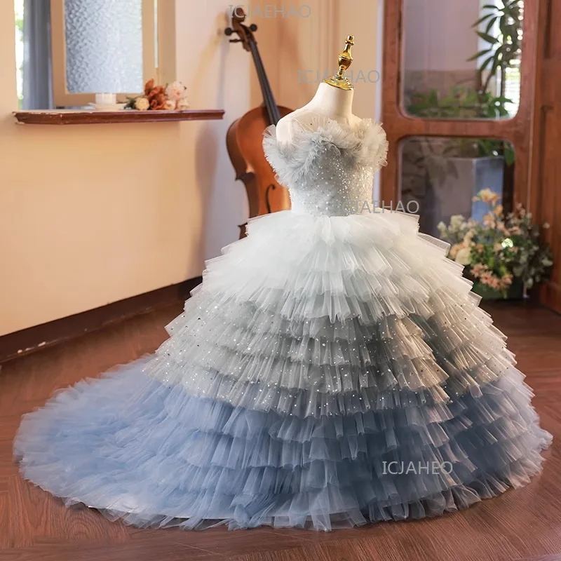 2026 Kids Formal Sweep Train Dress Children Girls Host Piano Performance Pageant Costume Flower Girl Princess Gown Model Runway