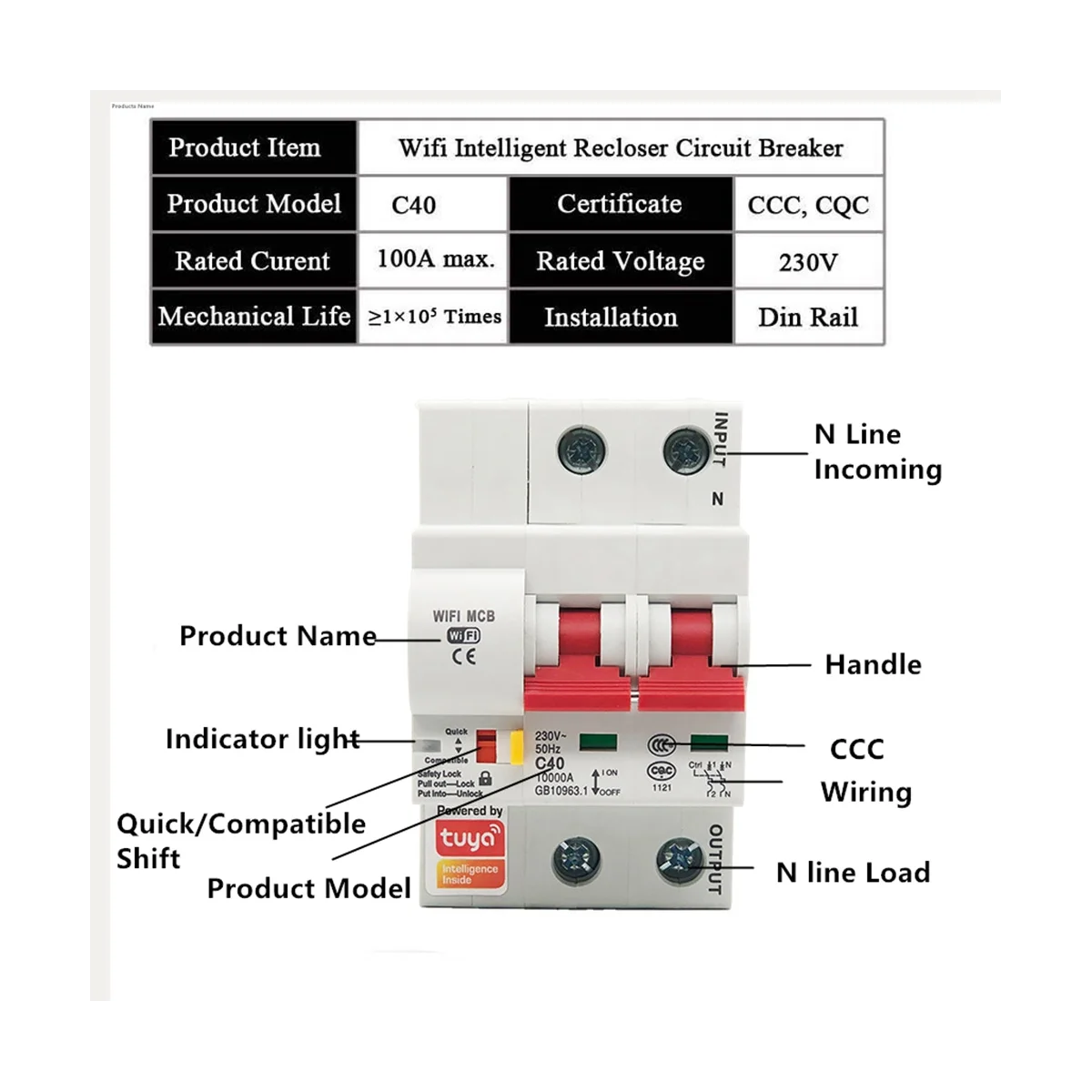 Tuya Slimme Stroomonderbreker 80a Wifi Slimme Stroomonderbreker Automatische Schakelaar Overbelasting Kortsluiting Bescherming (1P)