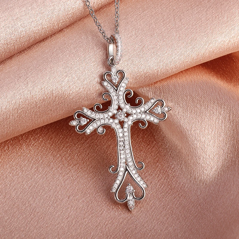 Luxury Sparkling Zircon Cross Pendant Necklace for Women Temperament Banquet Wedding Necklace Jewelry