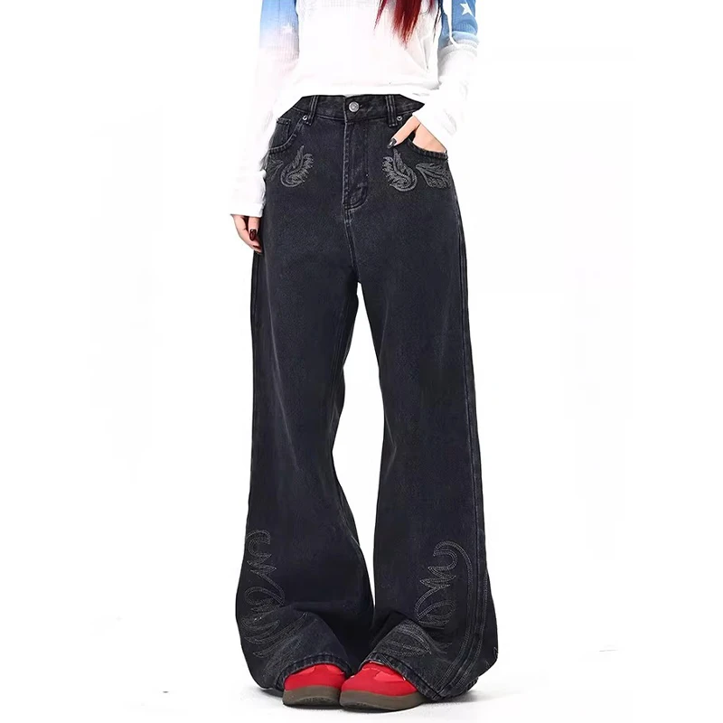 2026 Ropa Y2K Fashion Embroidery Design Black Baggy Women's Jeans Pants For Woman Clothing Wide Leg Casual Cotton Long Trousers