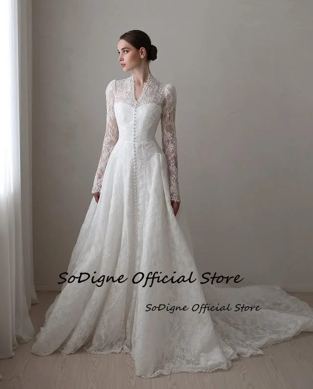  SoDigne A-line Lace Wedding Dresses V-neck Full Sleeves Bridal Dress 2026 Boho Long Bride Gown Vestidos De Novia Customized