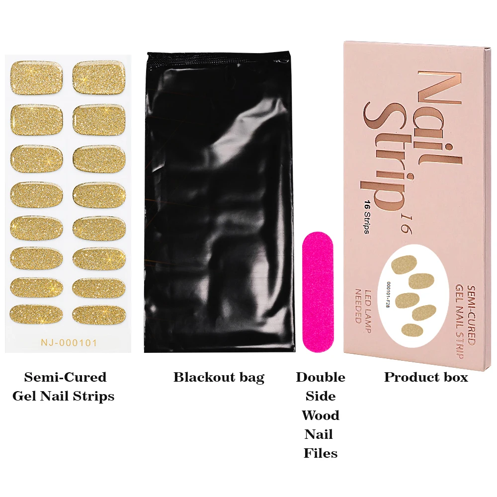 16Tips Golden Red Glittery Semi-cured Gel Nail Stickers UV Fast Dry Full Cover Nail Extension Gel Wraps Christmas Gel Nail Foils