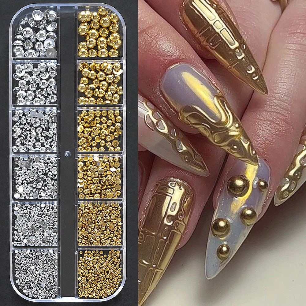 12 rasters goud/zilver halfronde kralen nail art bedels 6-maten plaksteen kaviaar kraal kerst diamant DIY sprankelende manicure edelstenen # *