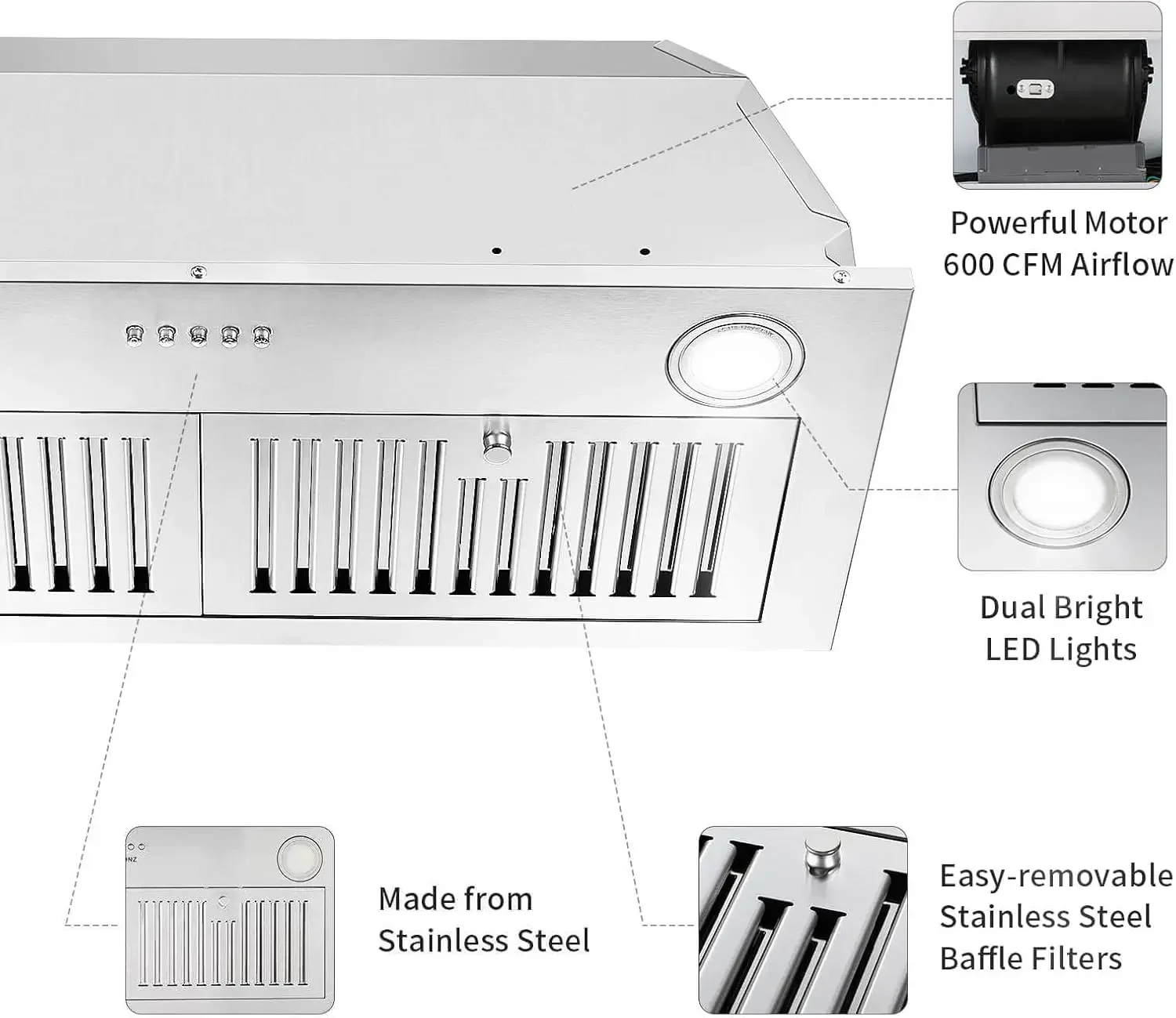 Hood Insert 30 inch,Stainless Steel Kitchen Vent Hood 600CFM,Built-in Kitchen Stove Hood w/Front Button Controls and Front LED