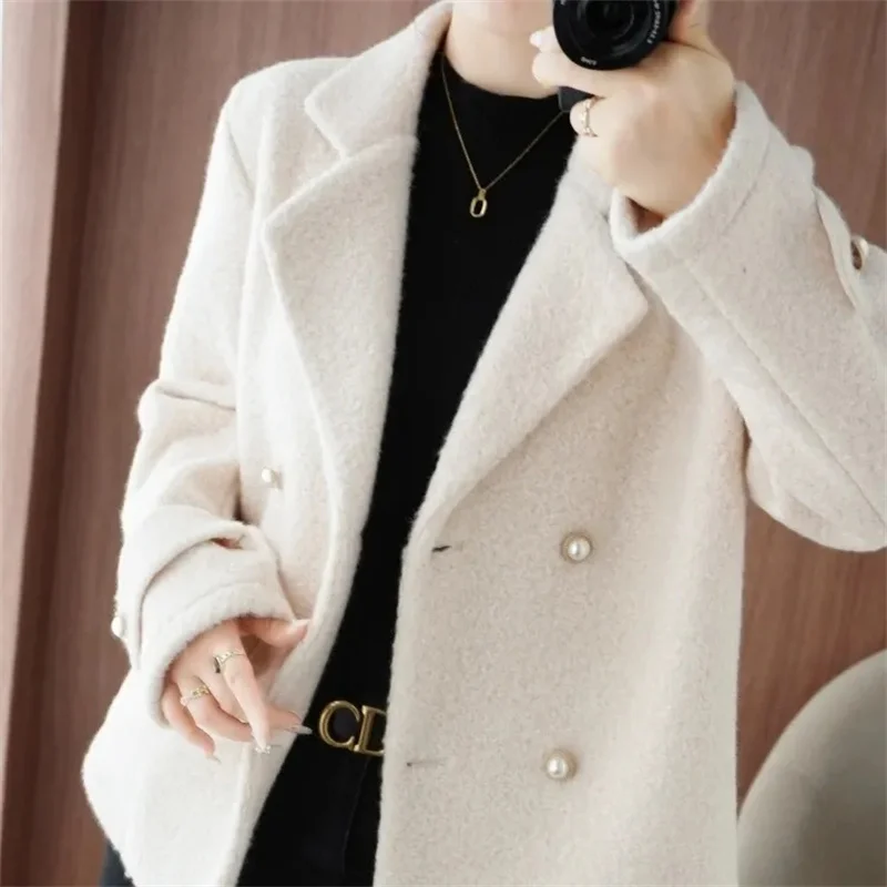 

2024 Autumn Winter Lambswool Women Woolen Coat New Fashion Solid Short Outerwear Loose Double Breasted Wool Jacket Female Top