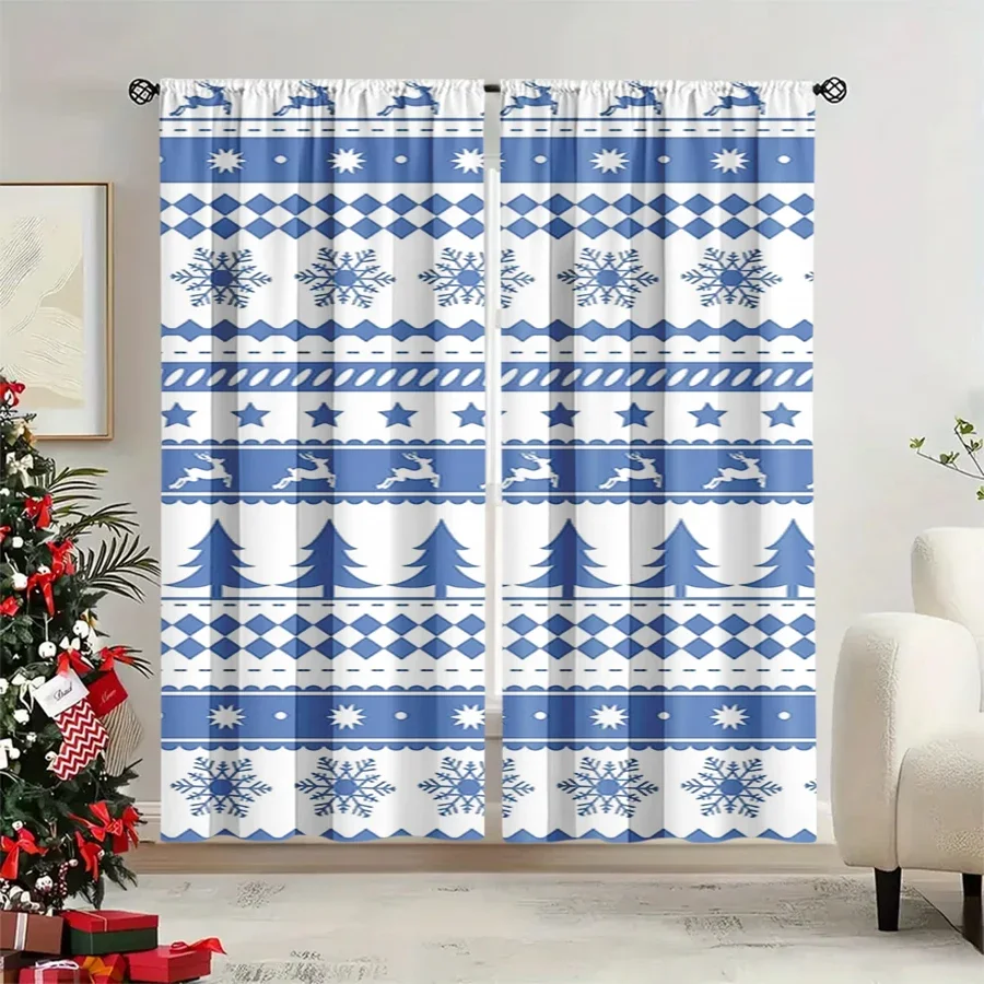 2PCS Christmas Winter Curtains, Blue White Knit Reindeer Snowflake Star Tree, Digital Print, Bedroom Living Room, Home Decor