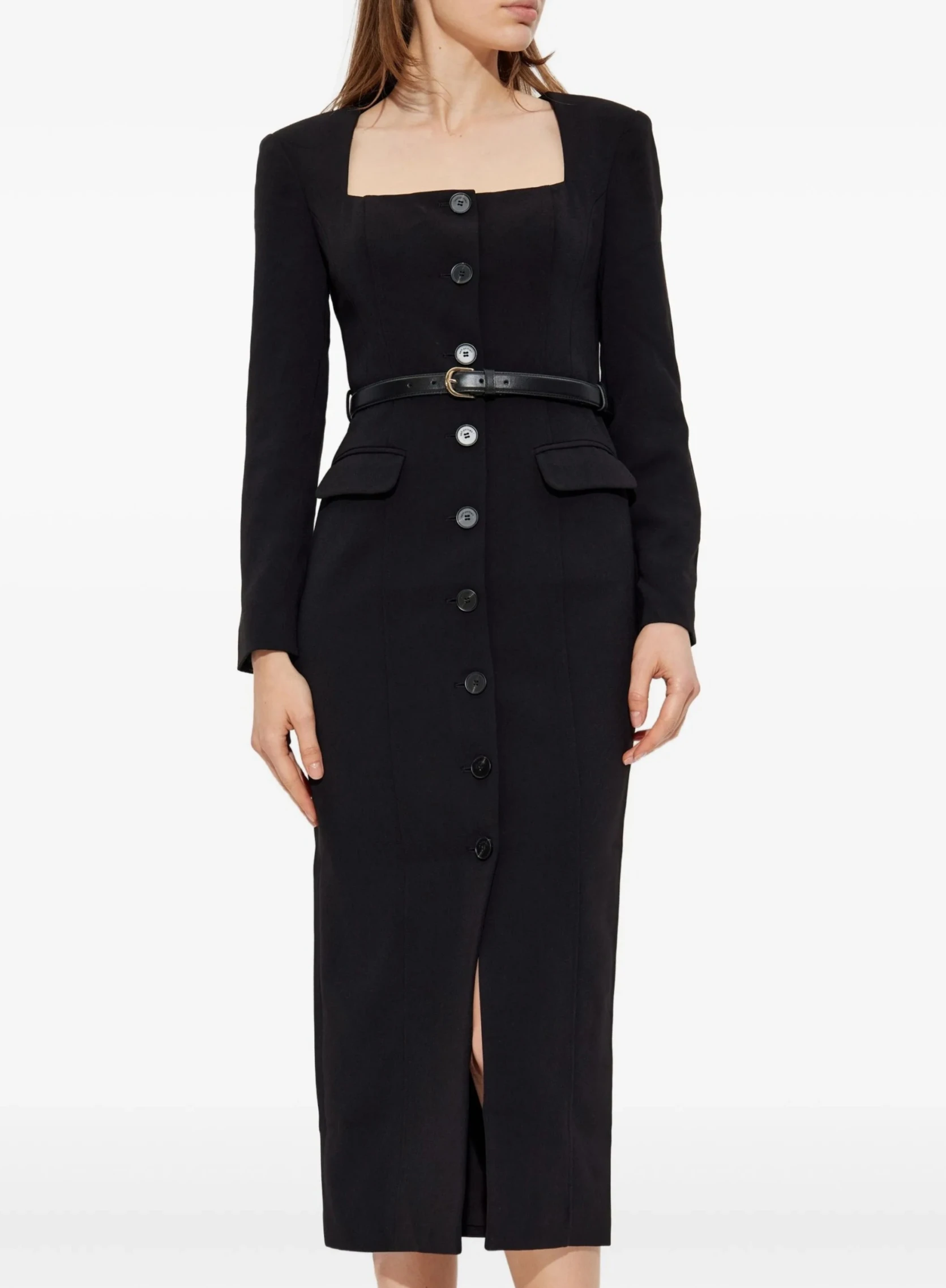 Schwarz Quadrat Kragen Elegantes Kleid Frauen Langarm einreiher Chic Vestidos Bodycon Streetwear Kleidung Dame