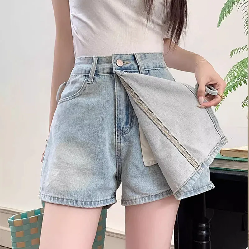 النساء عالية الخصر ألف خط الدنيم السراويل الكورية نمط الإناث غير النظامية وهمية قطعتين سراويل قصيرة بلون الصيف الملابس الرجعية