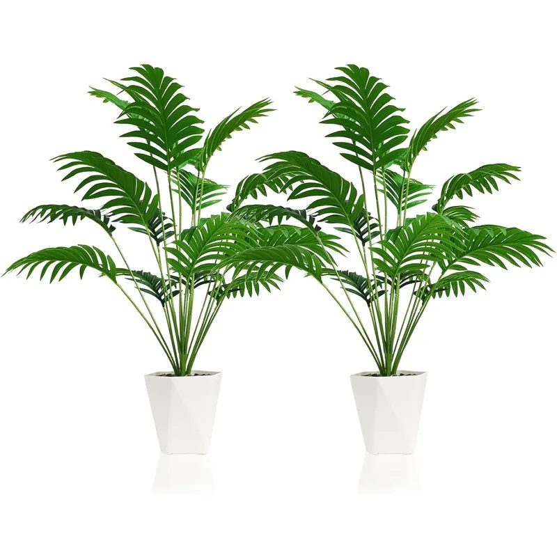 Set of 2 Artificial Areca Palm Plants in Pots, 32 Inch Fake Tropical Palm Trees with Greenery Leaves and Stems, Fau