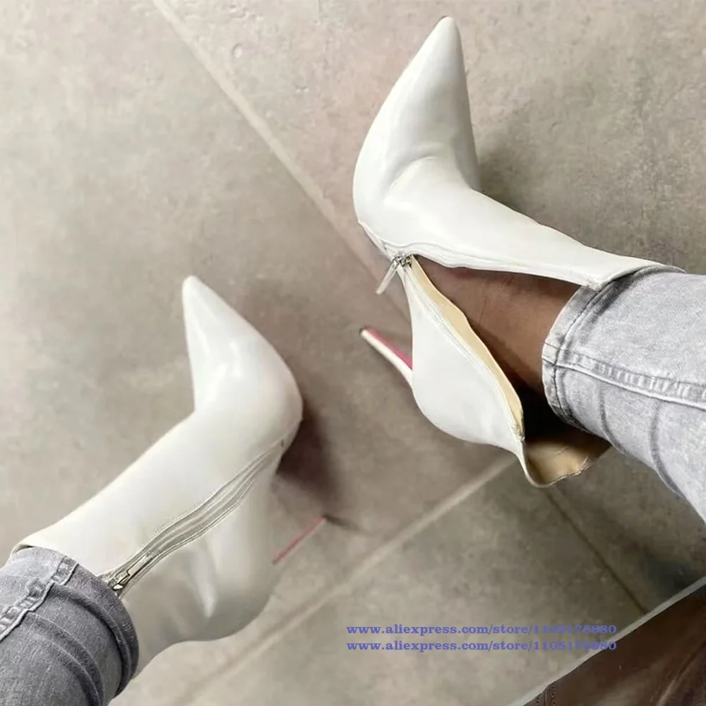 

Pink Sole Side Zipper Ankle Boots Pointy Toe Patent Leather Stiletto Heels Women Shoes Novelty Designer Boots Party Botas Mujer