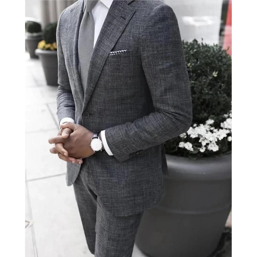 

2025 Dark Gray Linen Men's Suit Bridegroom Tuxedo Tailor-Made Wedding Custom Single Breasted Male Blazer 2 pcs(Jacket+pants)