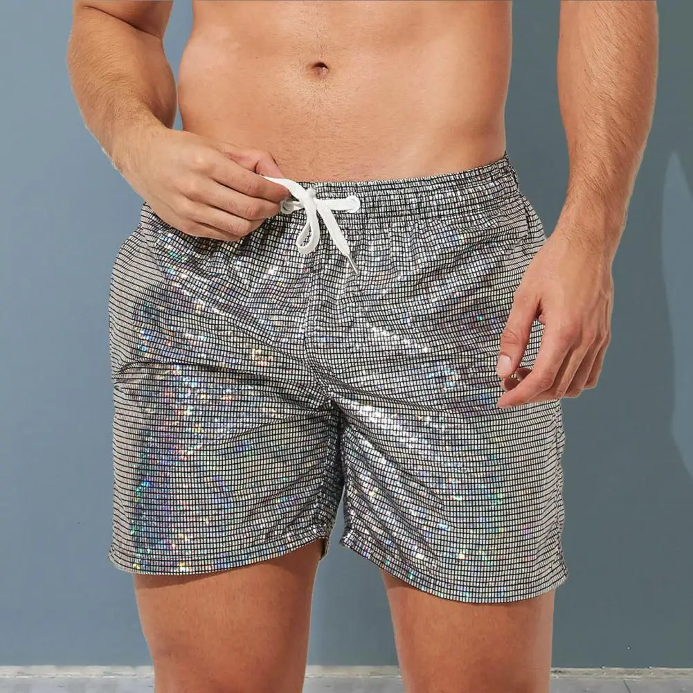 Calça de praia estampada metálica masculina, brilhante com cordão, shorts de ginástica com lantejoulas, cós elástico, secagem rápida