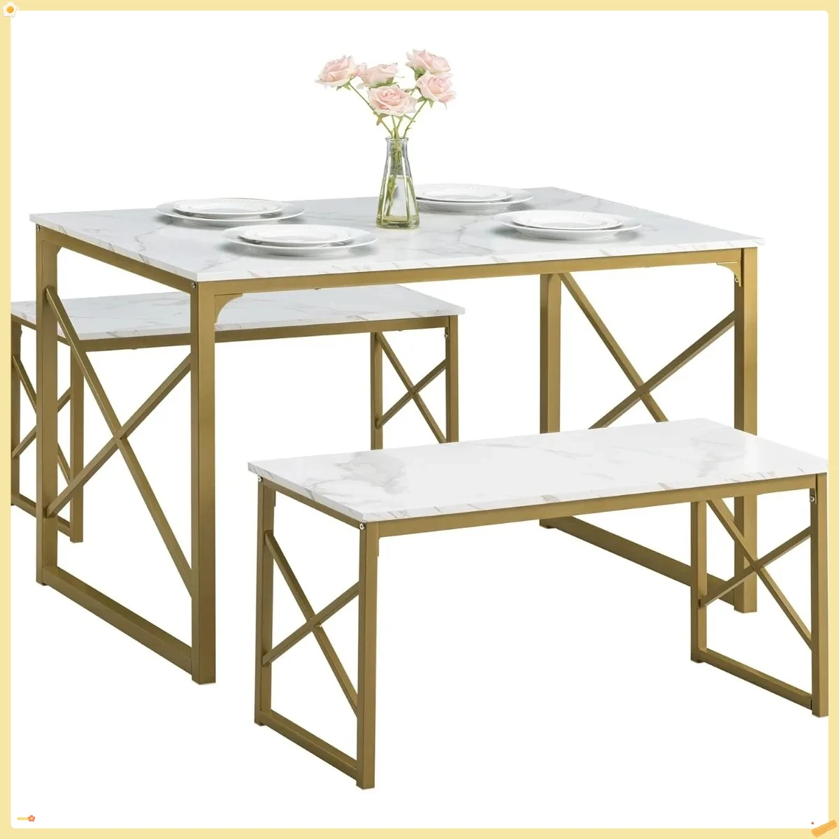 Set Meja Makan untuk 4 Orang, Meja Dapur dengan 2 Bangku Kayu dan Rangka Logam, Meja Makan Kompak untuk Sudut Sarapan atau Dapur