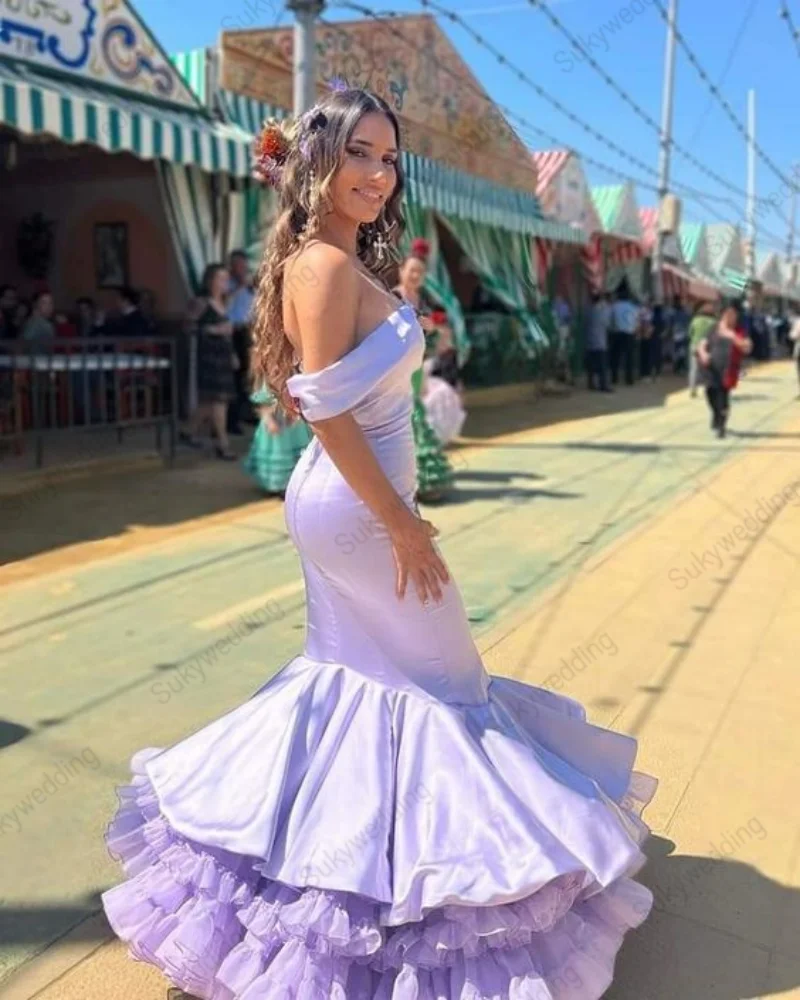 Vestidos de baile de sirena Flamenco púrpura lila para mujer, estilo Flamenco español, malla sin hombros, vestidos de fiesta de bailarina de noche