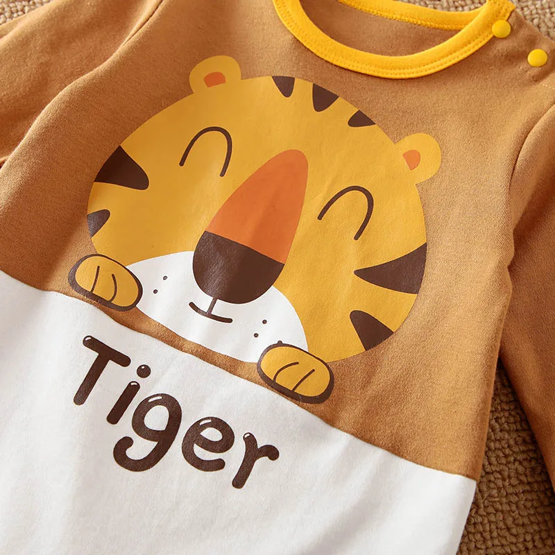 Spring And Autumn Boys And Girls Cute Cartoon Tiger Printed Cotton Comfortable Long Sleeve Baby Bodysuit