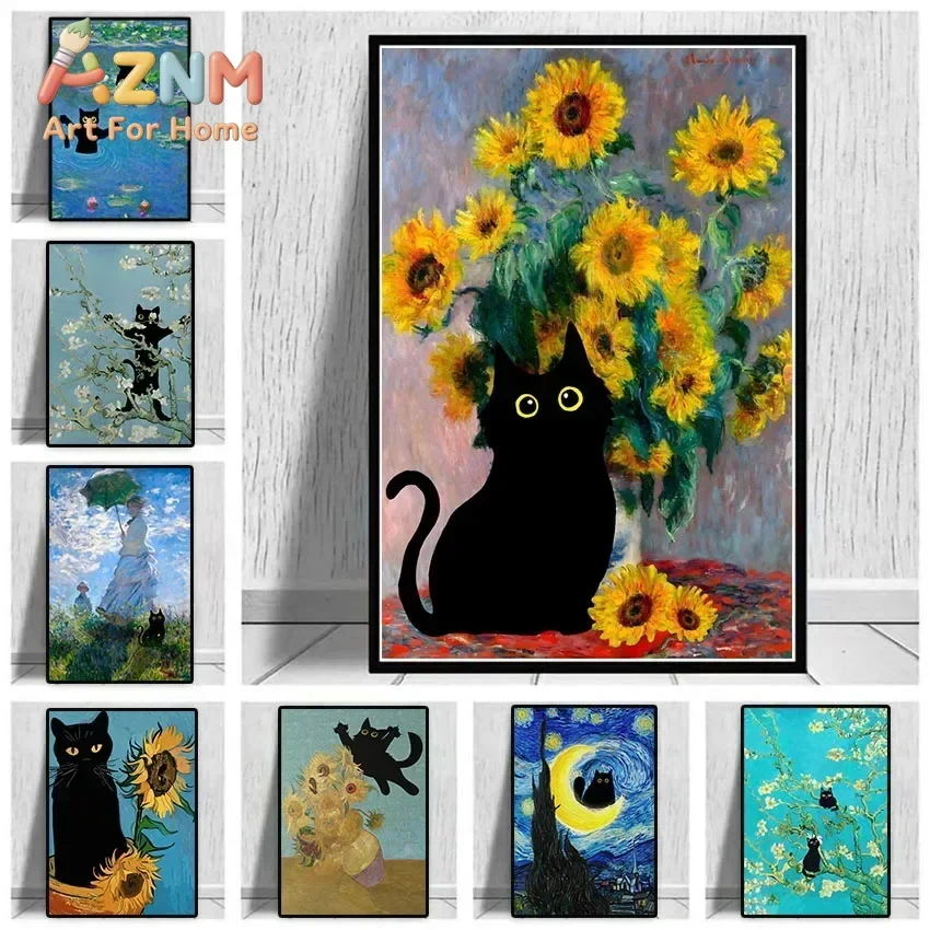 Funny Black Cat Wall Art Van Gogh Starry Night Poster Abstract Famous Reproduction Canvas Painting Aesthetic Room Home Decor