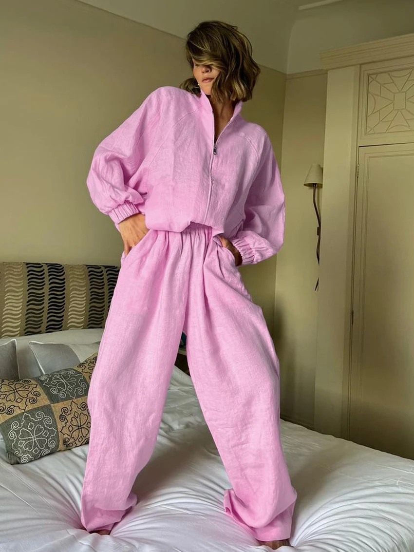 Marthaqiqi Pink Loose Ladies Sleepwear 2 Piece Suit Sexy O-Neck Nightwear Long Sleeve Nightgowns Pants Casual Female Pajamas Set