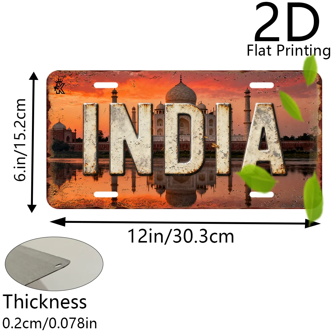 2D Flat, 1pc Vintage Indian-Themed Aluminum Wall Art Sign - 15.24cm x 30.48cm Rustic Home Decor with Taj Mahal & 