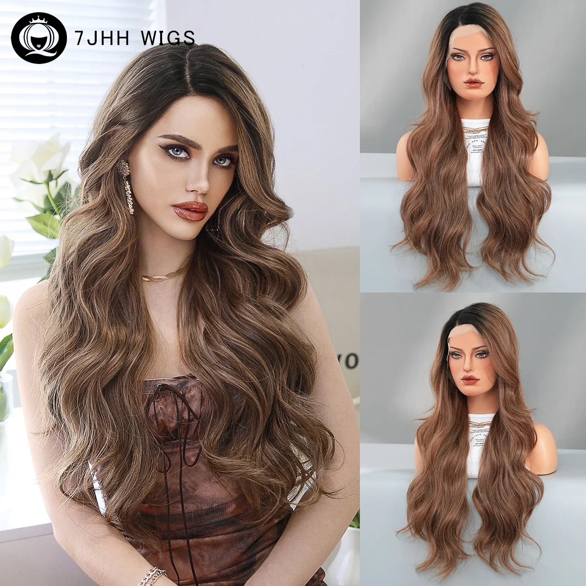 HD Transparent Lace Frontal Brown Wigs 13x4x1 Body Wavy Side Part Wigs with Bangs Synthetic Curly Wigs for Women Lace Front Wig