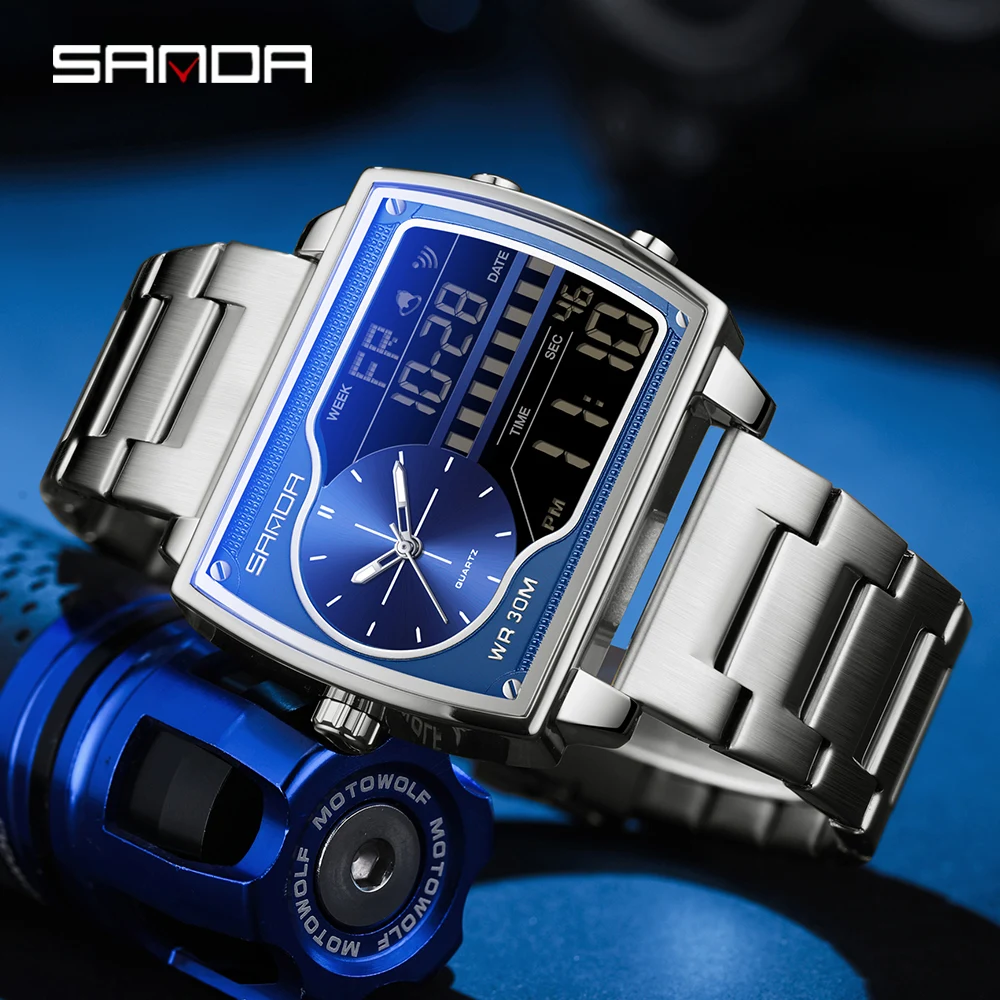 

SANDA 6163 Men's Quartz Electronic Dual Screen Watch Waterproof Countdown Quartz Steel/Leather/Rubber Band Men's Watches