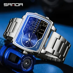SANDA 6163 Men's Quartz Electronic Dual Screen Watch Waterproof Countdown Quartz Steel/Leather/Rubber Band Men's Watches