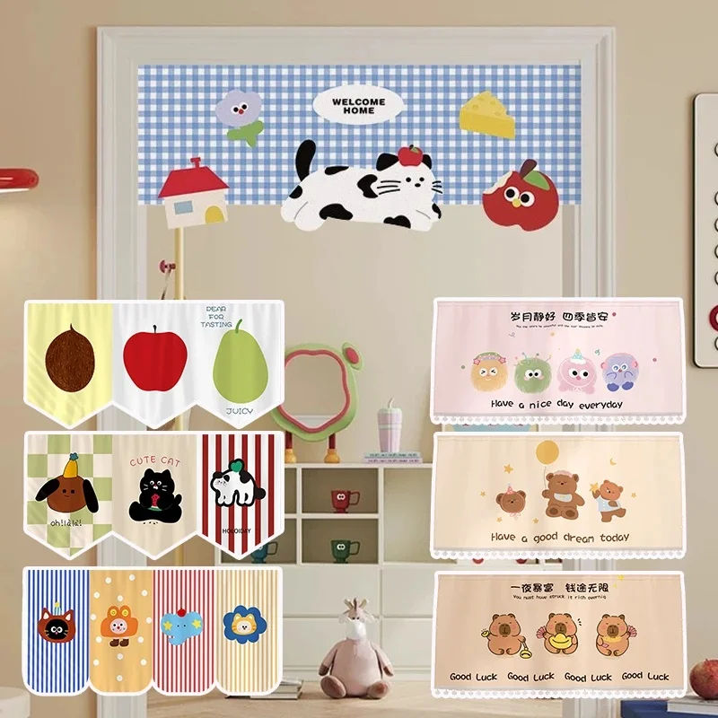 VIKAMA Cute Fruit Pennant Curtain Cartoon Fresh Fruit Pattern Fabric Triangle Short Curtain for Cafe Shop Decor