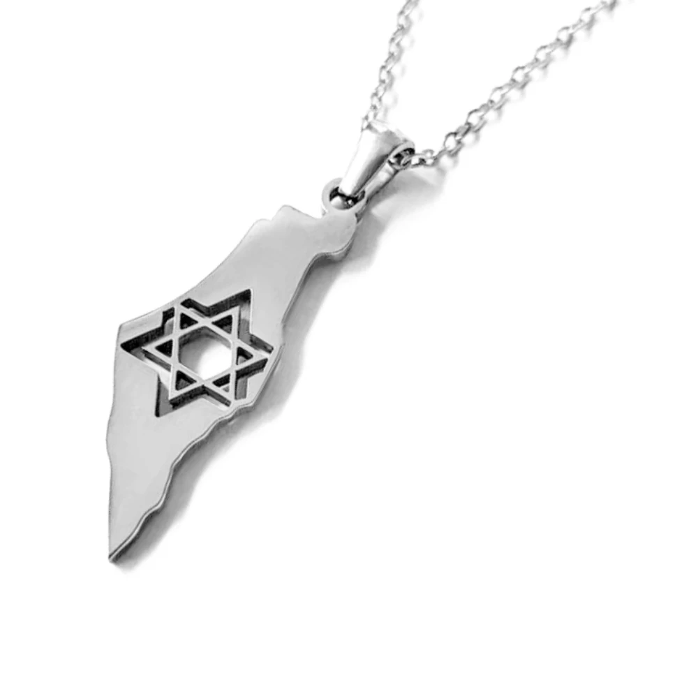 David Six-pointed Star Israel Map Pendant Necklace Stainless Steel Israeli Country Flag Jewish Judaism Chain Choker Collar