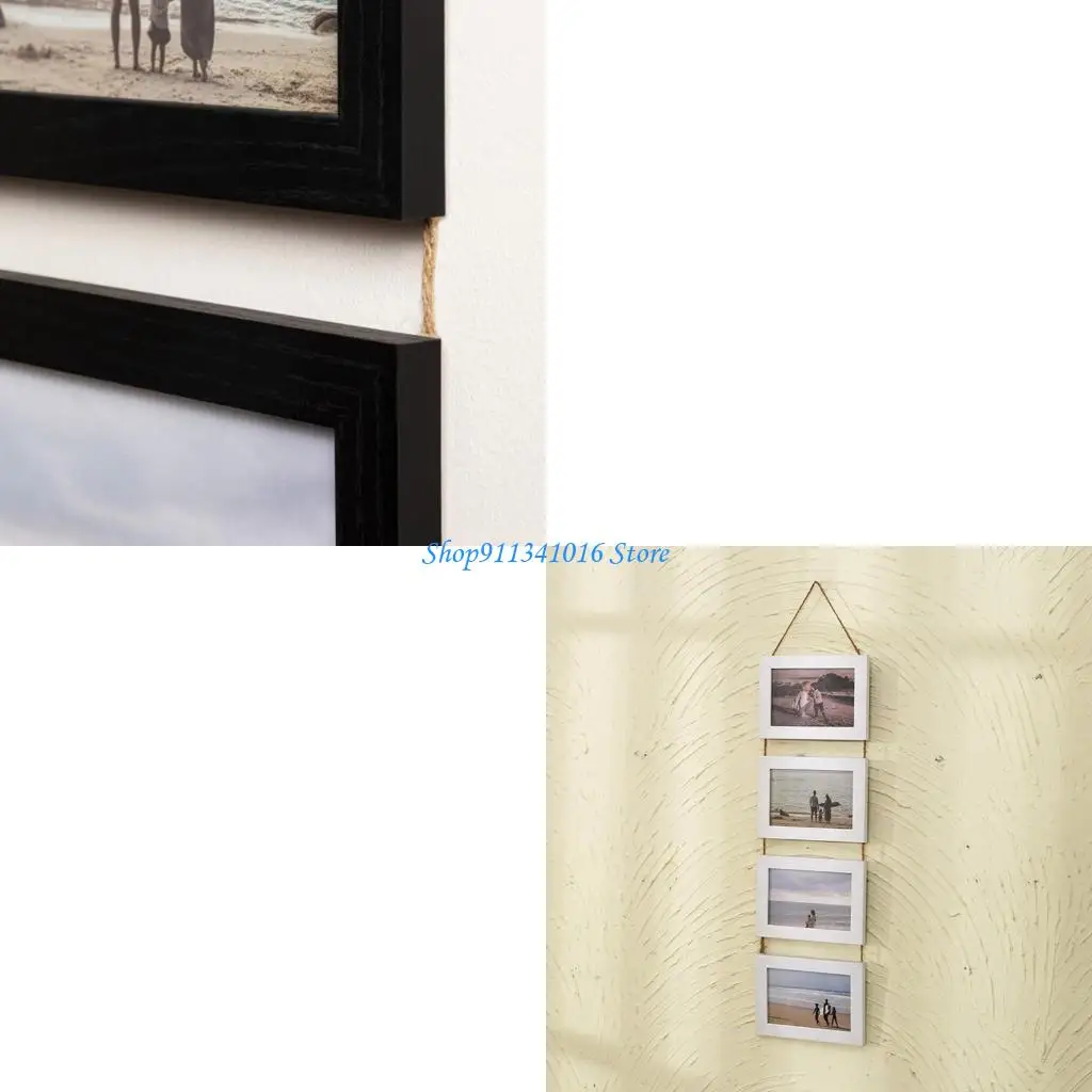 Hanging Collage Picture Frames Wall Decors 4Opening for 4×6 Inches Photo Rustics Picture Frame with Hemps Rope