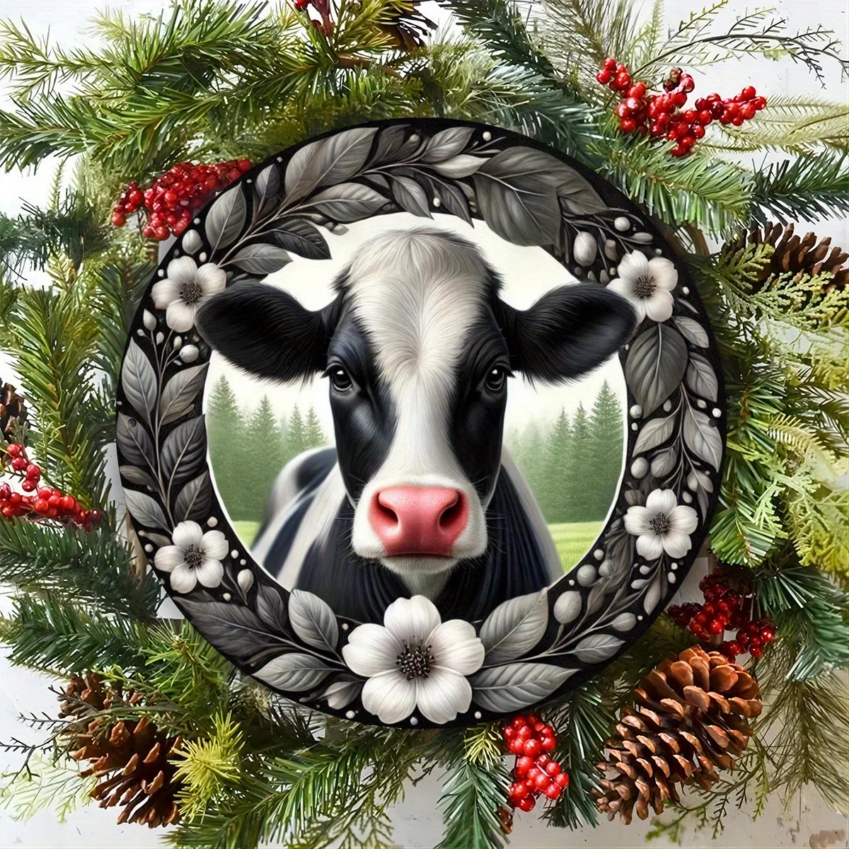 Holstein Cow Metal Tin Wall Art, Foil Engraving Farmhouse Decor, 7.87inch Circular Iron Decorative Piece for Home, Bar, and Club