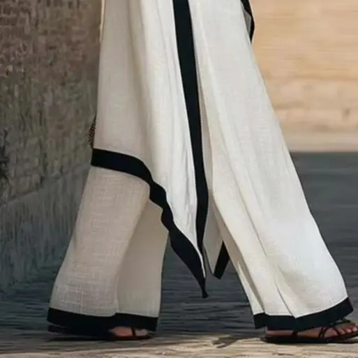 

Women's linen Contrast Color Sleeveless Asymmetrical Top & Loose Wide Leg Pants Set Vestidos Casual Fashion Two Piece Outfit