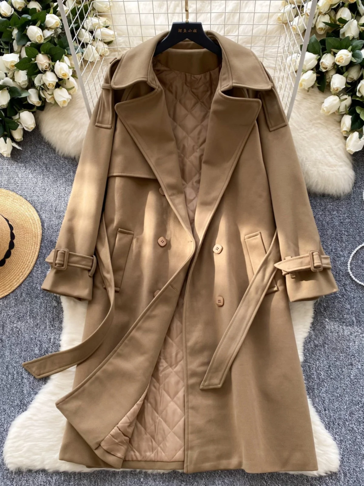 

Briti Sle Simple Suit Collar Jaet Women Winter Loose Tie High-End Design Luxury Aosphere Mid-Length Windbreaker