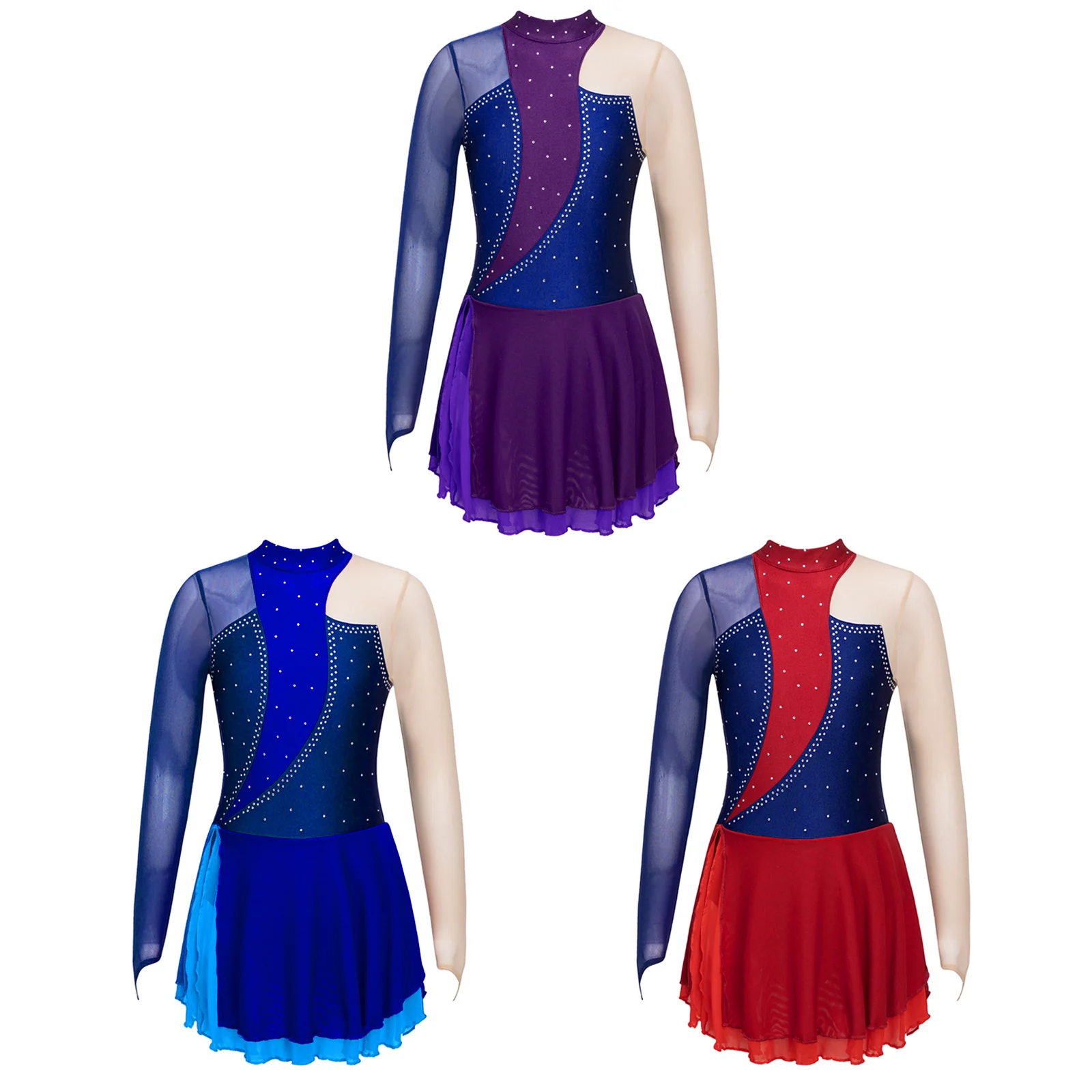 

Girls Ballet Dance Dress Kids Shiny Rhinestone Long Sleeve Mesh Splice Cutouts Figure Ice Skating Gymnastics Leotard Dancewear