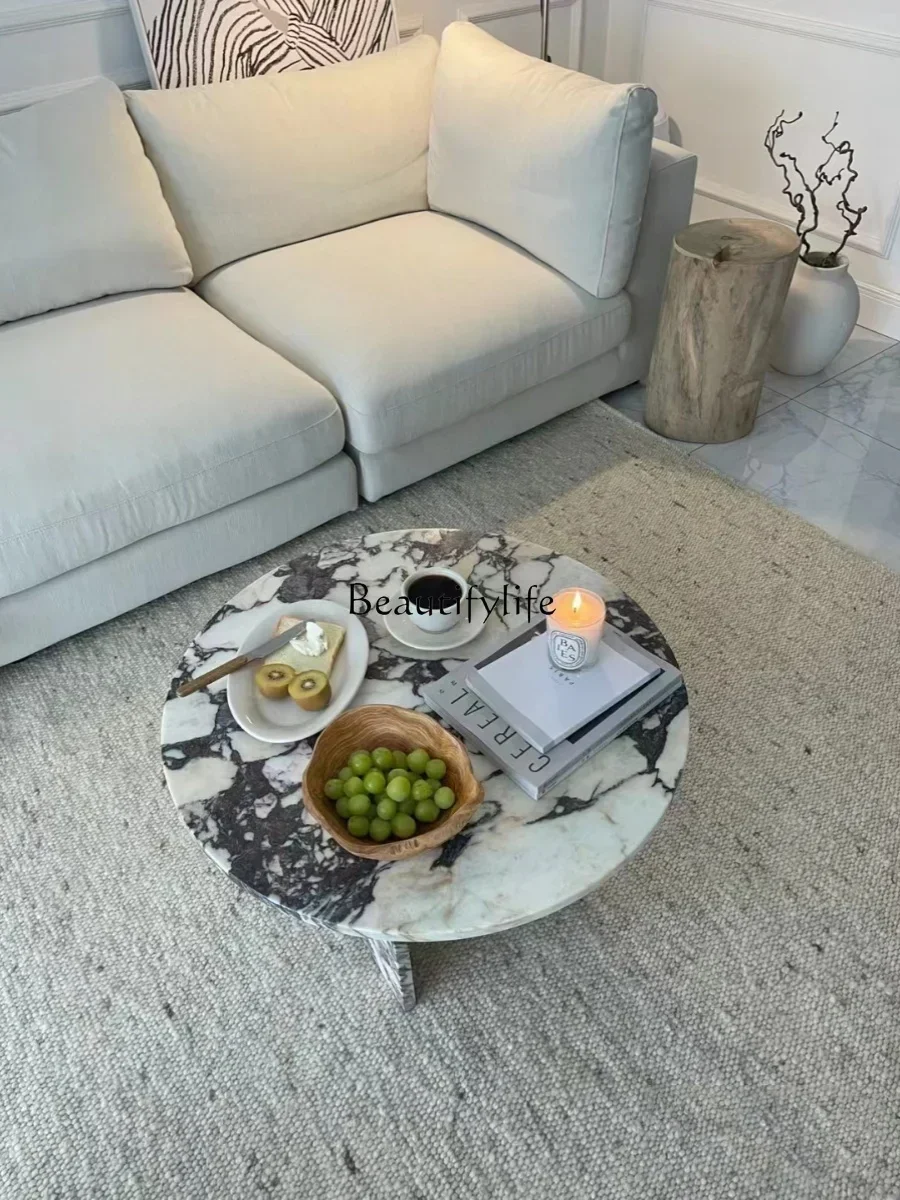 

yj5 Marble Coffee Table Living Room French Style Tea Table Stone Plate round Small Apartment Simple